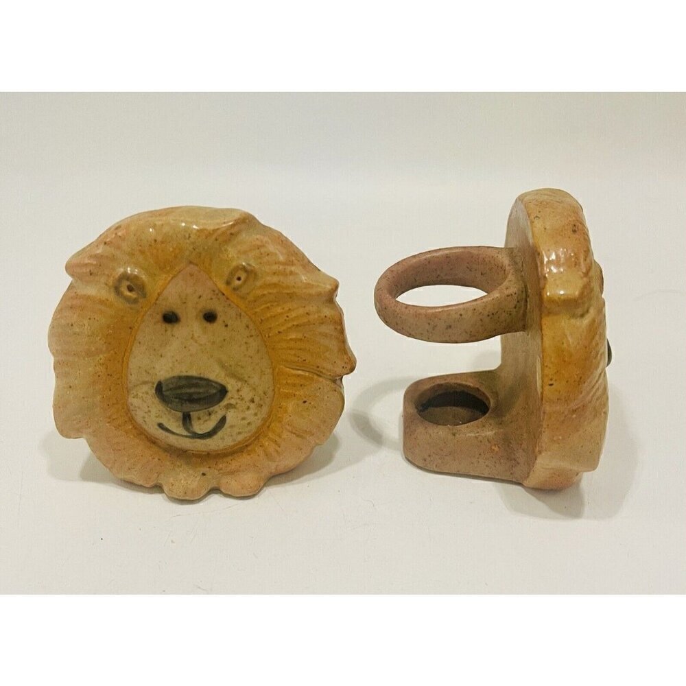 Vintage Lion Napkin Rings Stoneware Zoo Holders Ceramic Safari Animals Pottery